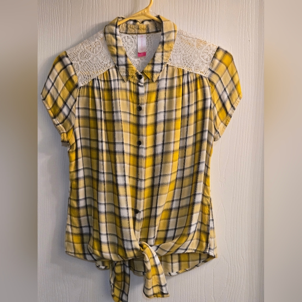 NOBO Yellow Plaid Button-Up Blouse with Lace Detail